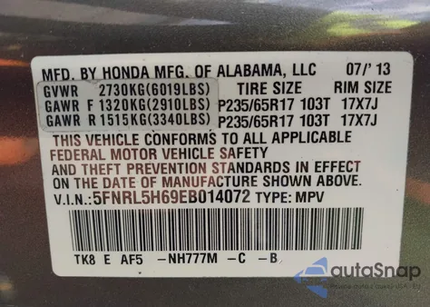 2014 Honda Odyssey Ex-L from USA, damaged, VIN 5FNRL5H69EB014072